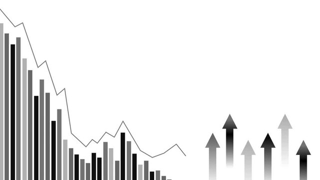 Falling bar chart with a downward line and rising arrows animation, Business chart with rising arrows decline