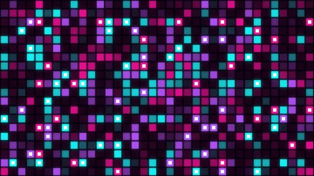 Neon pink and cyan LED wall glowing grid, stage screen background seamless loop 4K