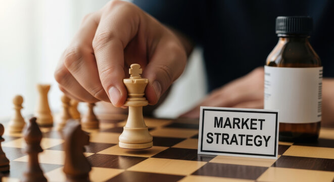 Pharmaceutical strategy rd market chessboard hand planning concept for business success and growth in pharmaceutical research and development