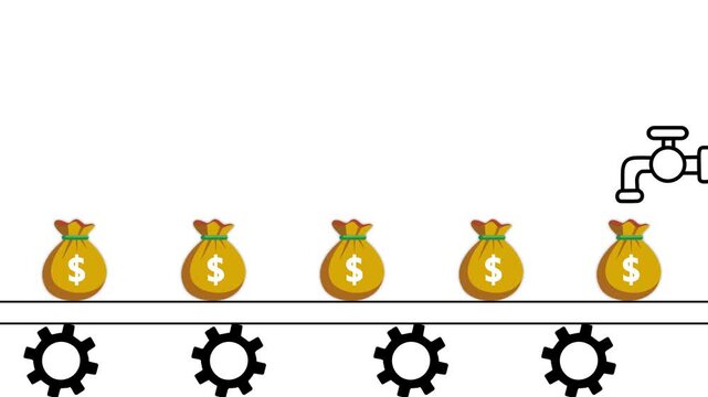 Flat animation of money bags on a line above gears with a faucet, Business money flow savings and financial growth animated, Money bags with gears and faucet animted