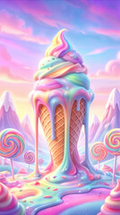 Obraz premium Rainbow ice cream cone melting in surreal candy landscape. Pastel colored dessert world with giant lollipops and sugary mountains.