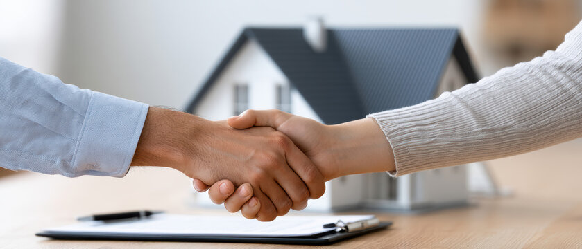 Close up of handshake over house model and contract for real estate deal and home mortgage