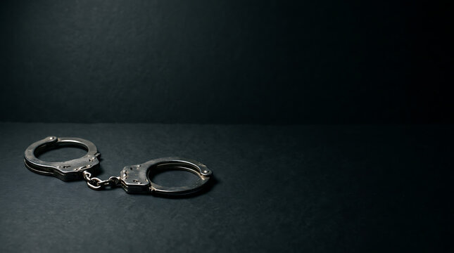 A pair of handcuffs on a dark background surface with shadows