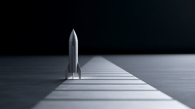 Sleek silver rocket model stands ready for launch on a minimalist runway, symbolizing innovation, startup, growth, and future aspirations