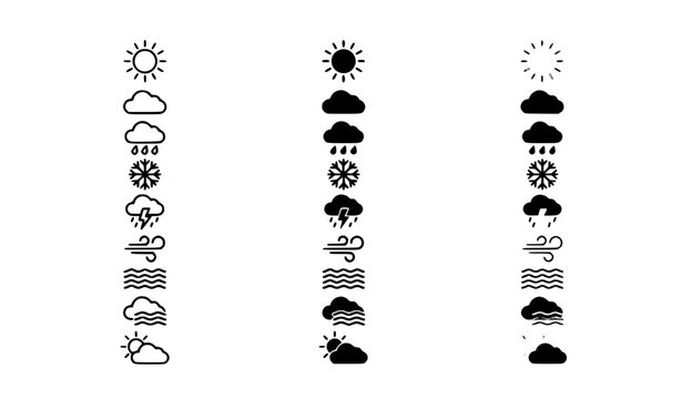 Weather icon set with outline solid silhouette and color sun cloud rain forecast editable vector EPS collection