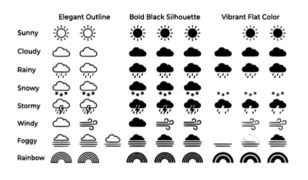 Meteorology weather icon collection with sun cloud rain outline silhouette and color editable vector EPS graphics