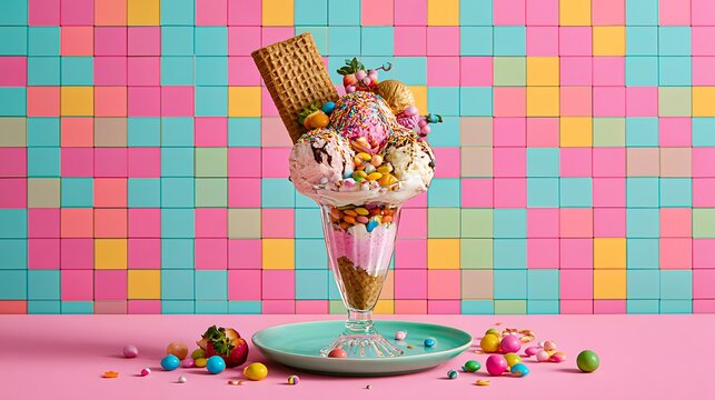 A decadent ice cream sundae with toppings against a vibrant tiled wall. Perfect for creative dessert menus and food.