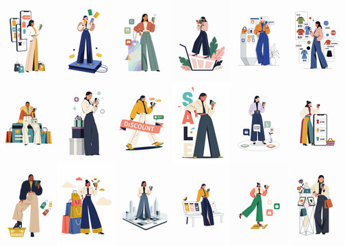 Set of diverse vector illustrations of a stylish woman shopping online using her smartphone, featuring discounts, credit cards, and shopping bags.