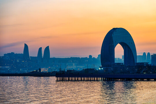 Crescent Hotel and Flame Towers Sunset Caspian Sea