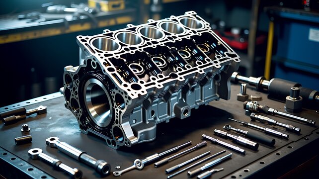 Disassembled car cylinder block for maintenance and repair, auto service concept background, tech industrial technology background 