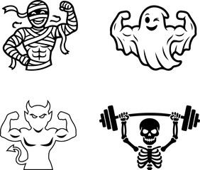 Fototapeta premium Strong halloween monsters including mummy ghost devil and skeleton bodybuilders lifting weights and showing muscles.