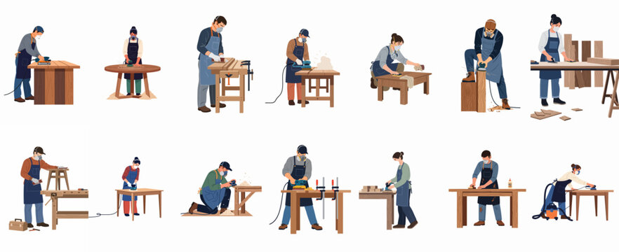 Set of male and female woodworkers and carpenters sanding and finishing wooden furniture using various tools in a workshop, isolated on white.