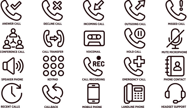 Minimalist phone call icons set, 20 black line communication symbols for business interface, mobile telephony and customer support vector elements