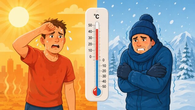 Illustration comparing extreme summer heat and winter cold with thermometer and seasonal weather concept
