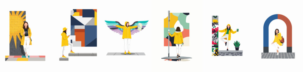 Flat vector illustration set of a female traveler in a yellow raincoat exploring various colorful urban street art locations and city landmarks. © Yola