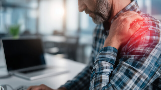 Middle-aged man experiencing shoulder pain while using laptop at work. Concept of repetitive strain injury, office ergonomics, muscle tension, workplace stress and healthcare.