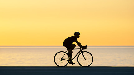Fototapeta premium Silhouette of a Cyclist Ride on a Coastal Road at Sunset, Ocean View, with Golden Sky and Water, Exercise and Outdoor Activity