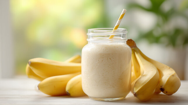 Fresh banana smoothie served in glass jar with ripe bananas on wooden table. Healthy breakfast, natural ingredients, fitness nutrition, organic drink and balanced diet concept.