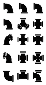 Industrial pipe fittings set, 15 black plumbing icons, metal pipeline connector silhouettes, water and gas tube joint vector illustrations