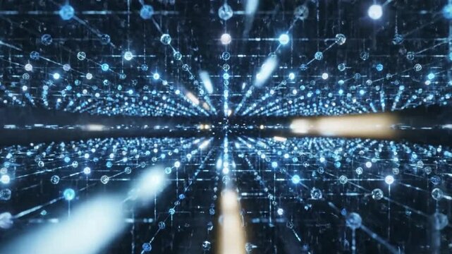 A deep digital space filled with a repeating pattern of glowing blue and white spheres connected by thin lines creating a sense of infinite technological depth Keywords: digital, technology