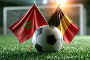 Fototapeta premium Morocco and Belgium soccer flags with ball. Sports event concept.