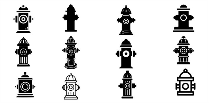 Collection of fire hydrant silhouettes with domed tops, side nozzles, chains, circular outlets &ndash; black and white vector illustration set. Set of black fire hydrant silhouettes and icons, isolated 