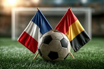 Naklejka premium A soccer ball sits between French and Belgian flags. Sports rivalry.