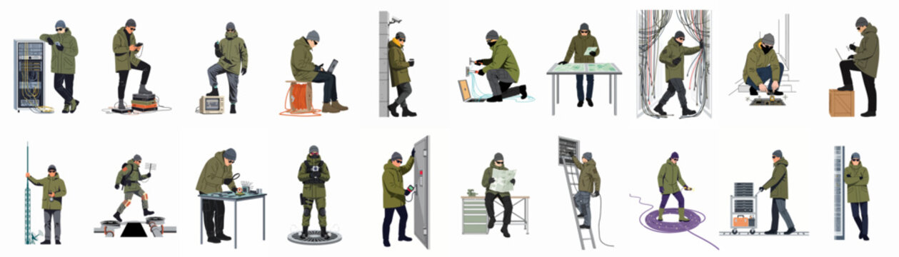 Set of illustrations featuring technical specialists, hackers, and field agents engaged in surveillance, maintenance, and electronic operations in various scenarios.