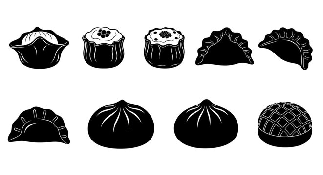 Dim sum icon set with 9 black silhouettes, traditional Chinese dumplings and baozi buns vector, Asian food menu illustrations on white background