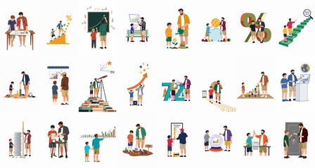 Naklejka premium Father teaching son financial literacy, investing, and saving through various educational activities and concepts in a set of colorful vector illustrations.
