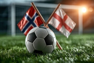 Naklejka premium Soccer ball with Norway and England flags on stadium field. Great.