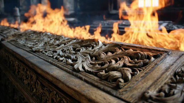 Close-up of ornate wooden surface engulfed in flames, set in a dark interior