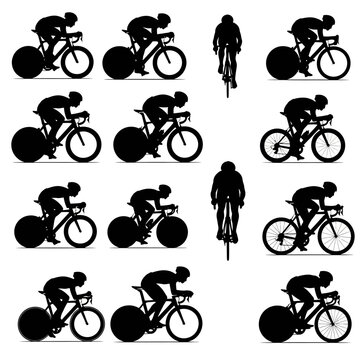 Professional road cyclist silhouettes set, 12 bicycle racing athlete icons, competitive cycling sport vector elements for triathlon and marathon design