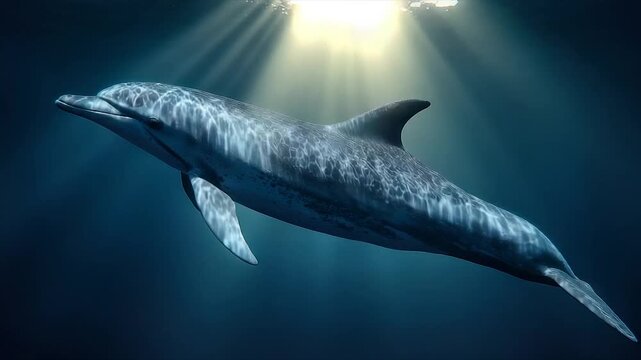 A dolphin swims underwater towards the light, rays pierce the dark ocean, a graceful pose