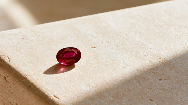 Vibrant oval red gemstone with deep color and natural luster catch warm sunlight on a textured light beige stone surface, casting soft shadow