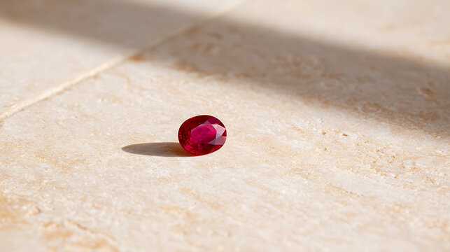 Vibrant Oval Shaped Red Gemstone Resting on a Light Natural Stone Surface with Sunlight and Shadow Detail
