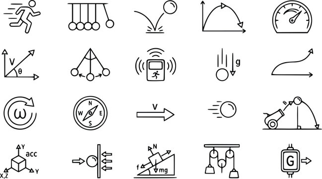 Physics kinematics and classical mechanics line art icon set