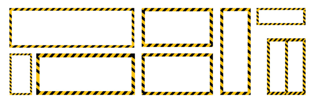 Set of rectangular frames with black and yellow hazard warning stripes isolated on white background for design