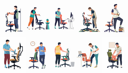 Fototapeta premium A collection of flat vector illustrations featuring men demonstrating, adjusting, and interacting with ergonomic office chairs in various professional settings.