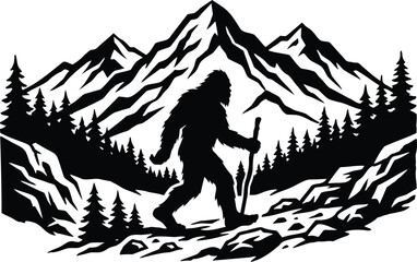 Fototapeta premium Bigfoot walking in mountain landscape with pine forest