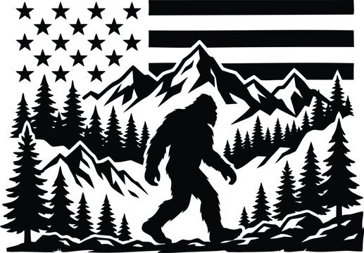 Bigfoot walking in forest with mountains and american flag