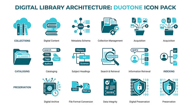 Digital library architecture icons showcase various technological elements and data storage solutions