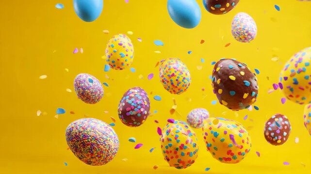 Colorful eggs float mid-air against a bright yellow backdrop. Confetti swirls around each egg in a playful motion. Each egg is speckled with vibrant, festive sprinkles. The scene radiates joy