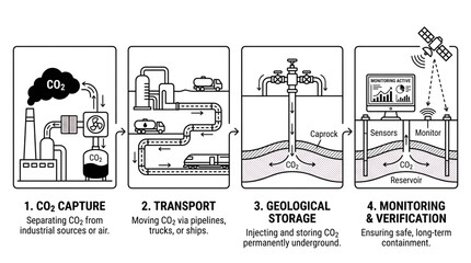 Obraz premium Carbon capture process steps including capture, transport, storage, and verification phases
