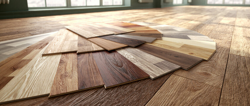 Imagen generada por IA de muestras de suelo laminado en abanico sobre parquet de madera en habitaci&oacute;n luminosa, tablones de vinilo en tonos naturales de roble y nogal, concepto de reforma del hogar