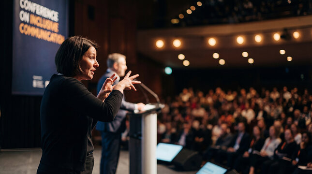 Sign language interpreter speaks beside conference presenter before audience for inclusive communication accessibility event professional education public lecture diversity inclusion