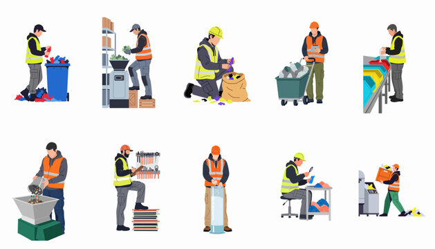 Collection of waste management and recycling factory workers performing various tasks in flat vector illustration style.