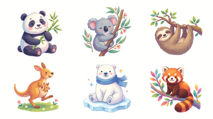 Naklejka premium Adorable watercolor illustrations of various animals including a panda, koala, sloth, kangaroo, polar bear, and red panda.