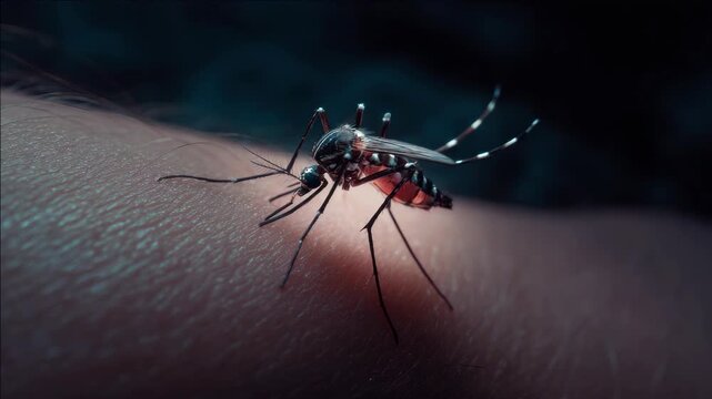 Mosquito bites human skin in dim, close-up light. Legs and proboscis are clearly visible. Dark background emphasizes the bite and insect. Skin texture and insect detail are sharp