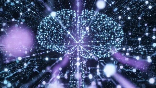 Digital representation of a human brain formed by a luminous network of blue and white interconnected particles and glowing light trails against a dark void